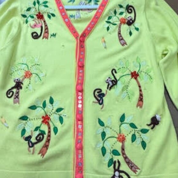 Berek Monkey Jungle Embroidered Cardigan Sweater Yellow Button Front Size Medium - Picture 6 of 15